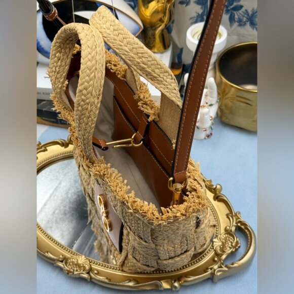 🆕 OROTON 🧿 NWOT Calypso Small Woven Straw Crossbody Tote, Natural & Saddle - Picture 7 of 16